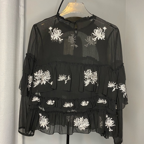NWT Zara RARE Embroidered Tulle Floral Black Tiered Blouse Top Size M Medium - Picture 10 of 12